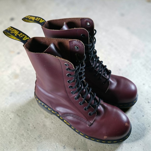 Vintage Dr. Martens Steel Toe 10-Eye Boots Made In England Ox Blood Red Men's 8